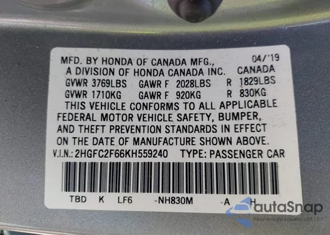 2019 Honda Civic Lx из США, поврежденный, VIN 2HGFC2F66KH559240